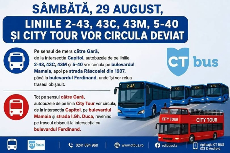 Sâmbătă, 29 august, liniile  2-43, 43C, 43M, 5-40 și City Tour vor circula deviat