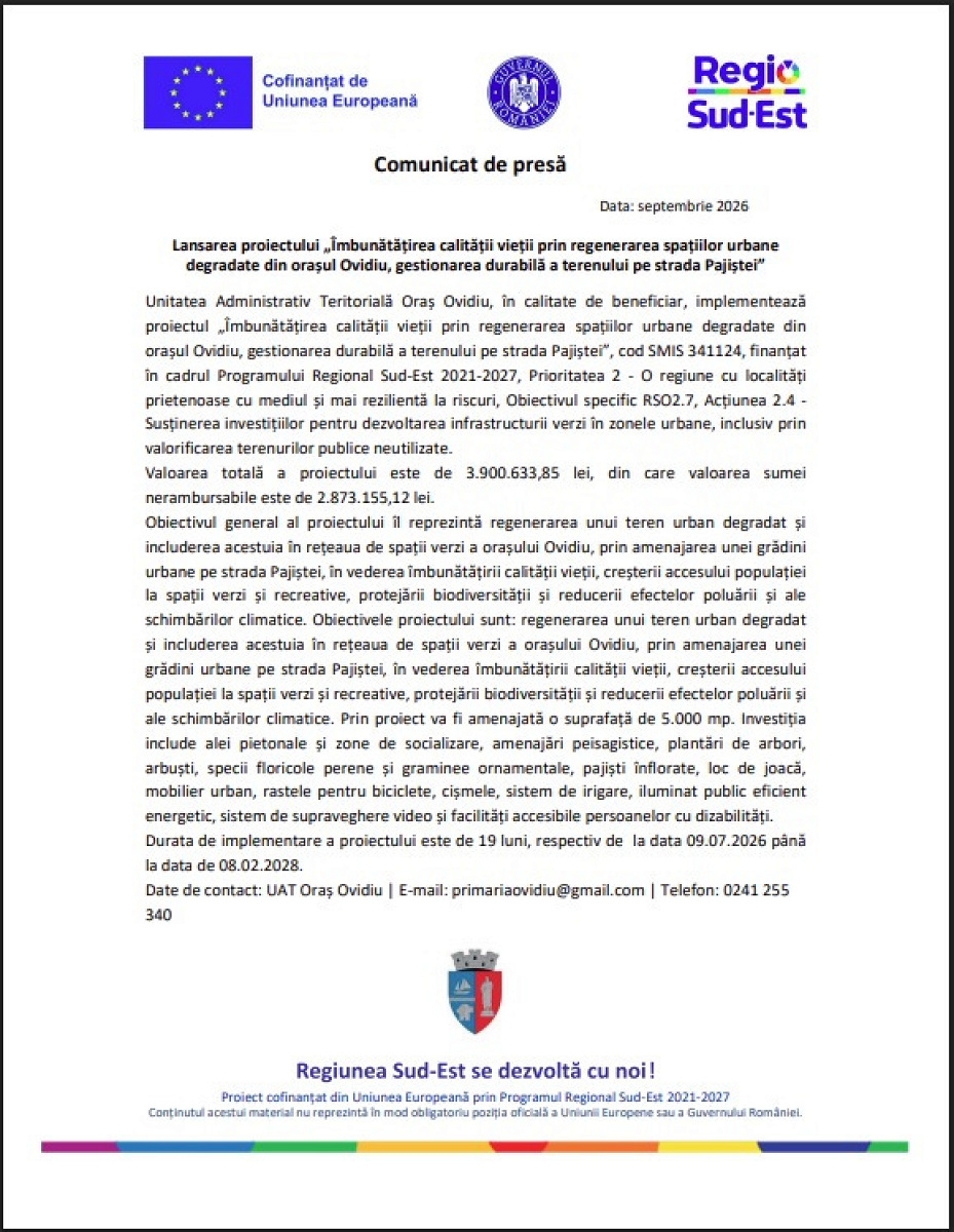 Lansarea proiectului „Îmbunătățirea calității vieții prin regenerarea spațiilor urbane degradate din orașul Ovidiu, gestionarea durabilă a terenului pe strada Pajiștei”