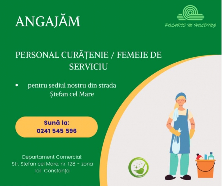 Polaris M Holding CONSTANȚA angajează personal pentru curățenie/femeie de serviciu