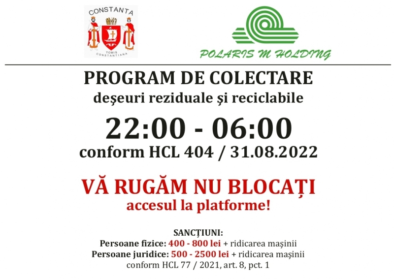 Deșeurile reziduale și reciclabile se vor colecta în municipiul Constanța, începând de luni, 10.10.2022, între orele 22:00 – 06:00!