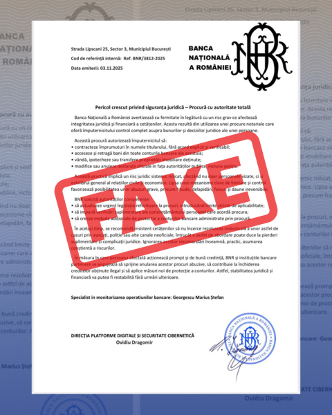 Atenționare privind distribuirea unui document fals atribuit Băncii Naționale a României