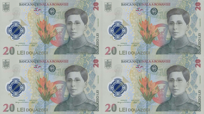 Banca Națională a României lansează în circuitul numismatic o coală specială formată din patru bancnote cu valoare nominală de 20 lei