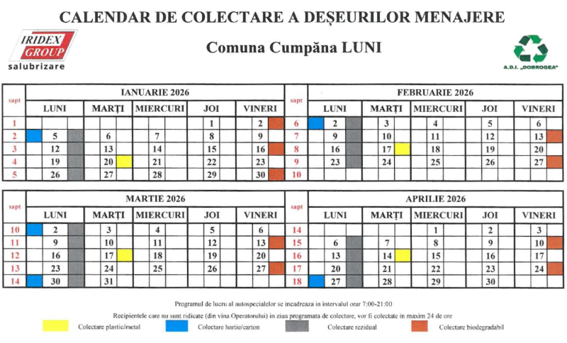 Calendarul de colectare a deșeurilor menajere în comuna Cumpăna