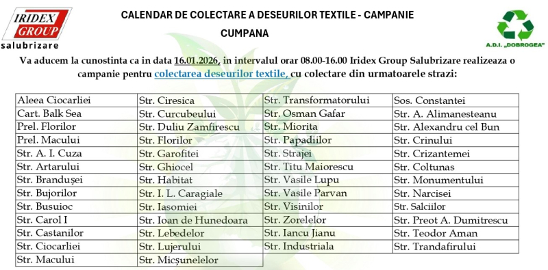 În comuna Cumpăna se va desfășura campania pentru colectarea deșeurilor textile