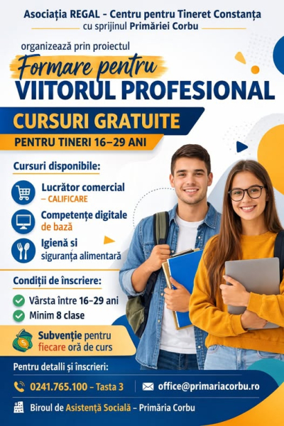 Primăria Corbu sprijină gratuit tinerii în „Formarea pentru viitorul profesional”
