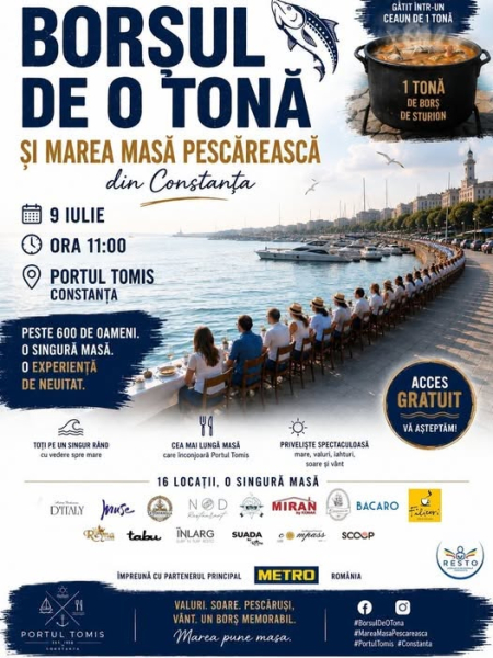 Constanța scrie istorie în Portul Tomis! Cel mai mare borș de sturion și cea mai lungă masă pescărească, pentru 600 de persoane!