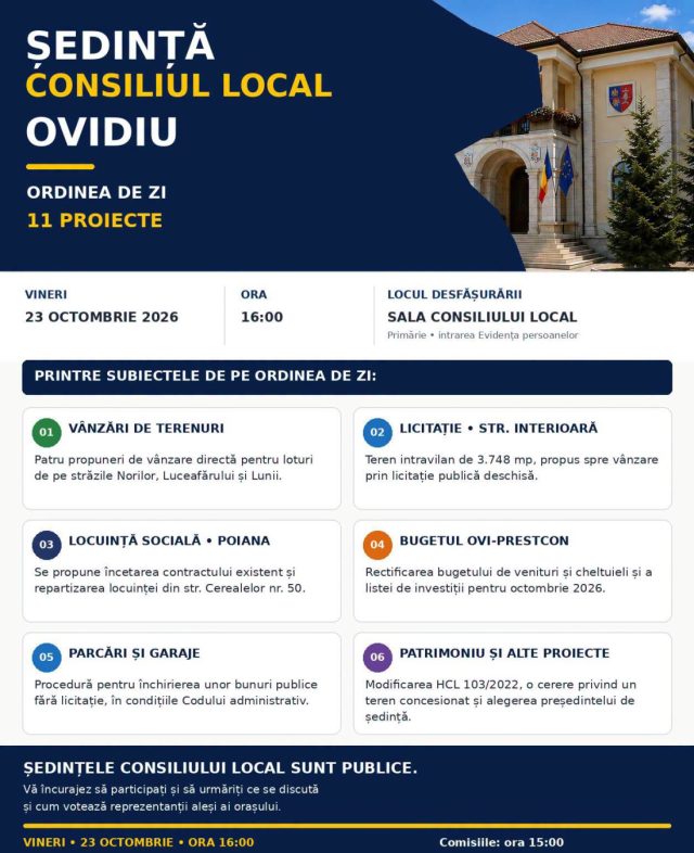 Ședință a Consiliului Local Ovidiu – vineri, 23 octombrie, ora 16:00